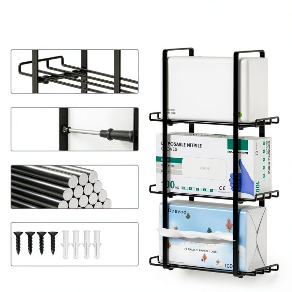 Glove Holder Dispenser Livnhood Wall‑Mount Three‑Tier Metal Box-6
